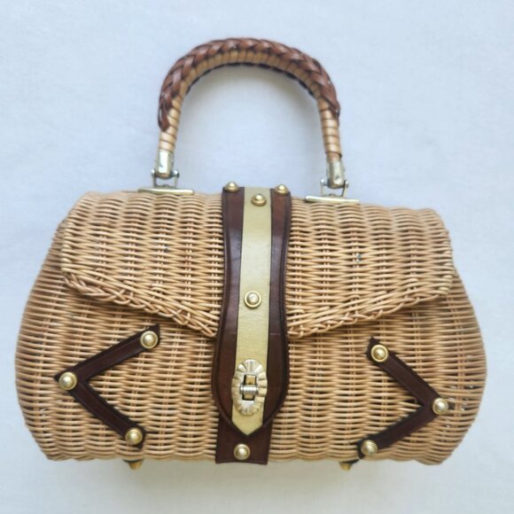 None Handbags - Vintage 1960's Woven Plastic Wicker Handbag Purse Leather Retro Cottagecore Cute